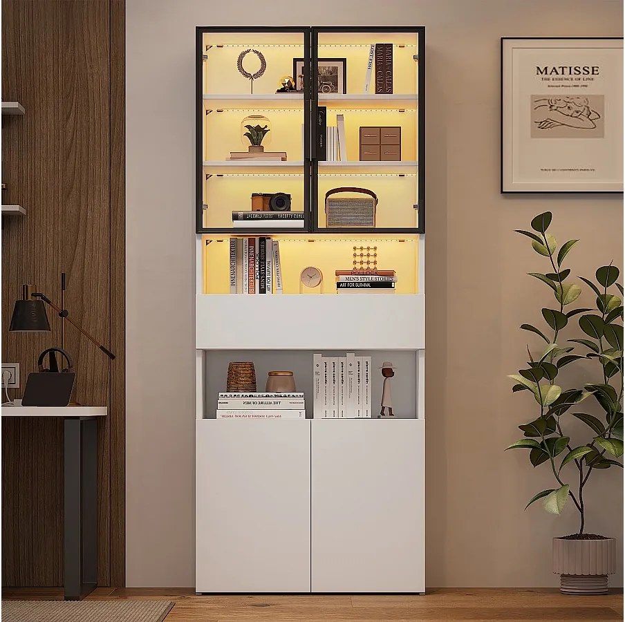 Biała witryna LED z 4 drzwiami i 1 szufladą do przechowywania - do salonu i gabinetu