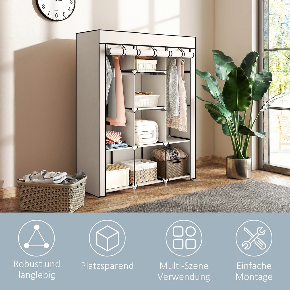 HOMCOM Szafa z tkaniny, rozwiązanie do przechowywania, 8 półek, 2 drążki na ubrania, kremowa