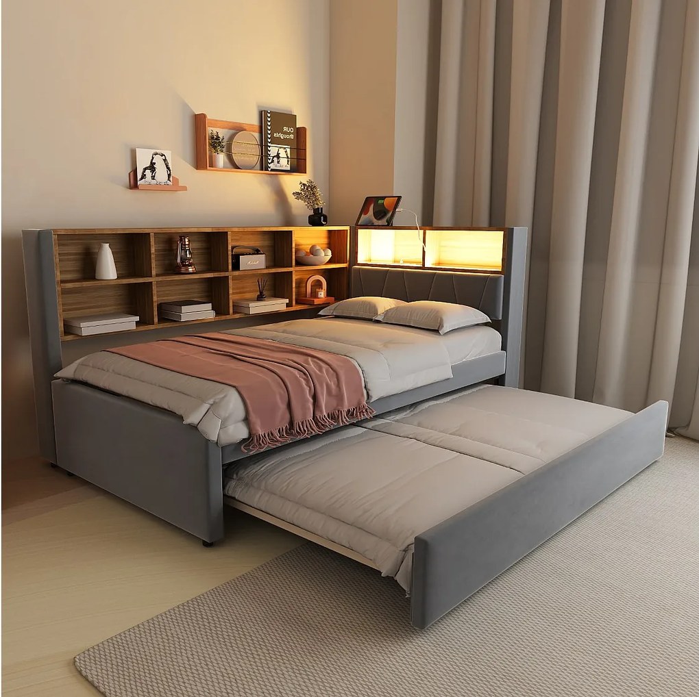 Sofa rozkładana tapicerowana - 90 x 200 cm + 90 x 190 cm - LED i gniazdka - ze schowkiem - Flanela + Metal + Sklejka + MDF - ciemnoszary