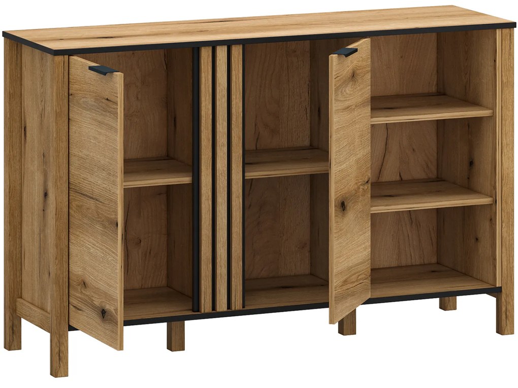 Komoda Dwudrzwiowa Drewniana z Lamelami do Salonu VERVE 138 cm Dąb Evok Klasyczna Loft