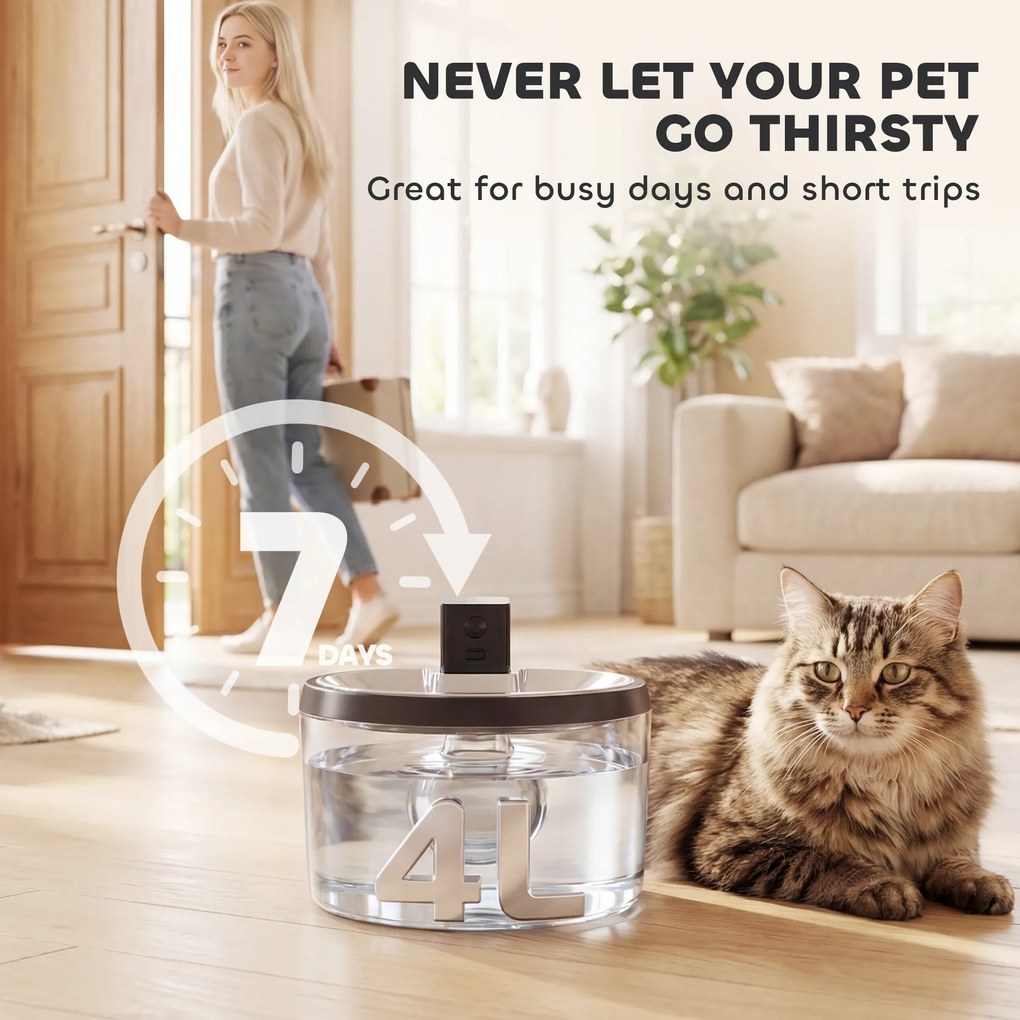 PawHut Fontanna dla kota 4L bezprzewodowa, ze stali nierdzewnej, z czujnikiem ruchu, 6 filtrami, podwójnym systemem filtracji, okienkiem LED, srebrna | Aosom PL