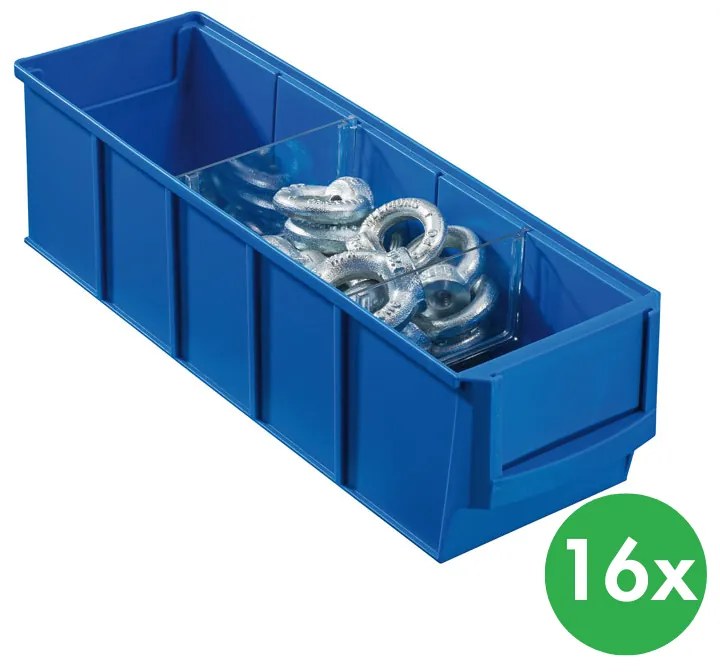 Plastikowy pojemnik do regału ShelfBox typ A - 91 x 300 x 81 mm, 16 szt., niebieski