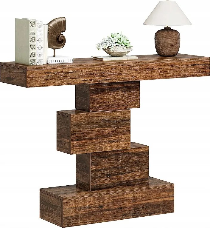 Stolik konsolowy, 108 cm wąski, drewniany stolik za sofą z geometryczną podstawą, stolik do przedpokoju w stylu industrialnym, rustykalny brąz