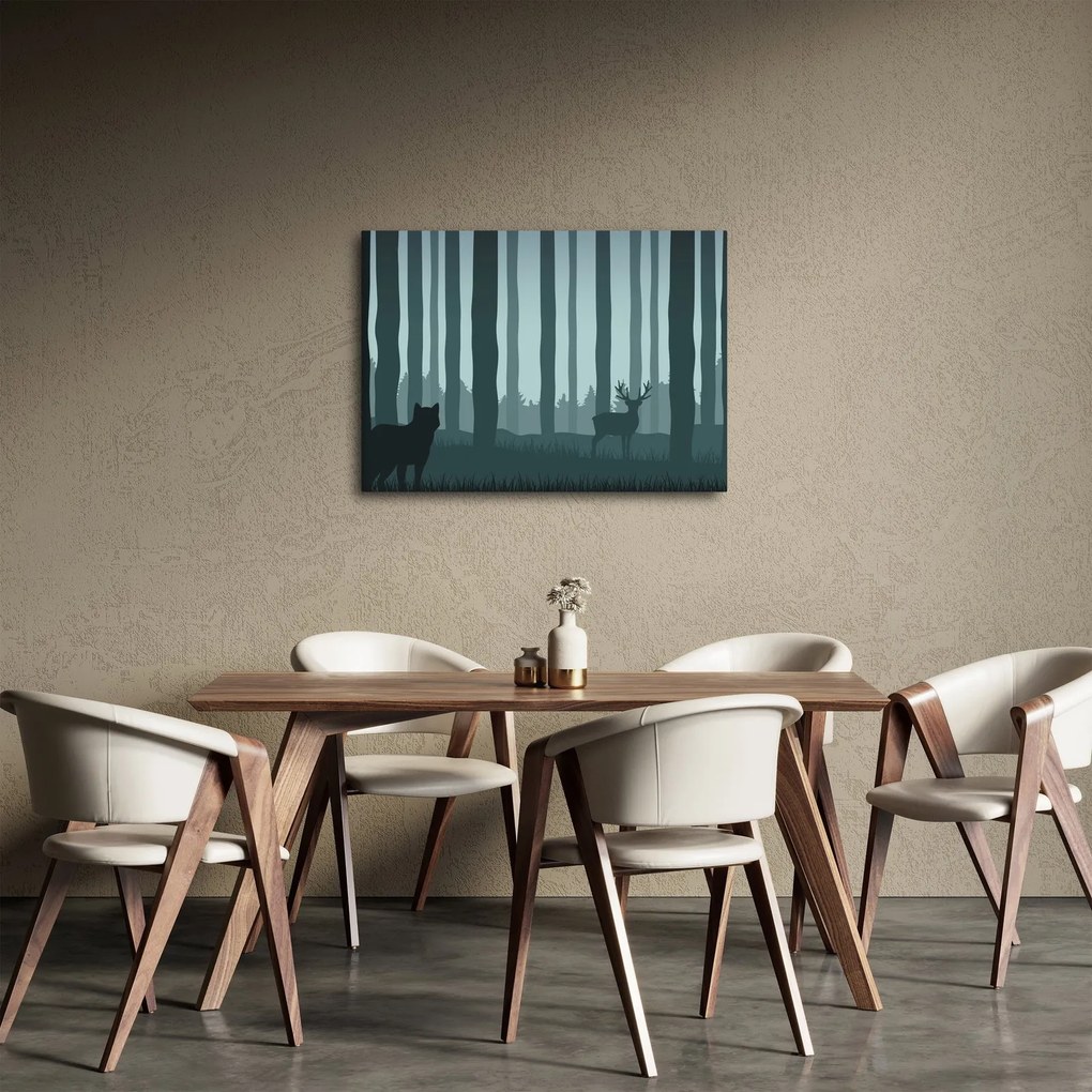 Obraz - Jeleń z wilkiem w skałach (70x50 cm)