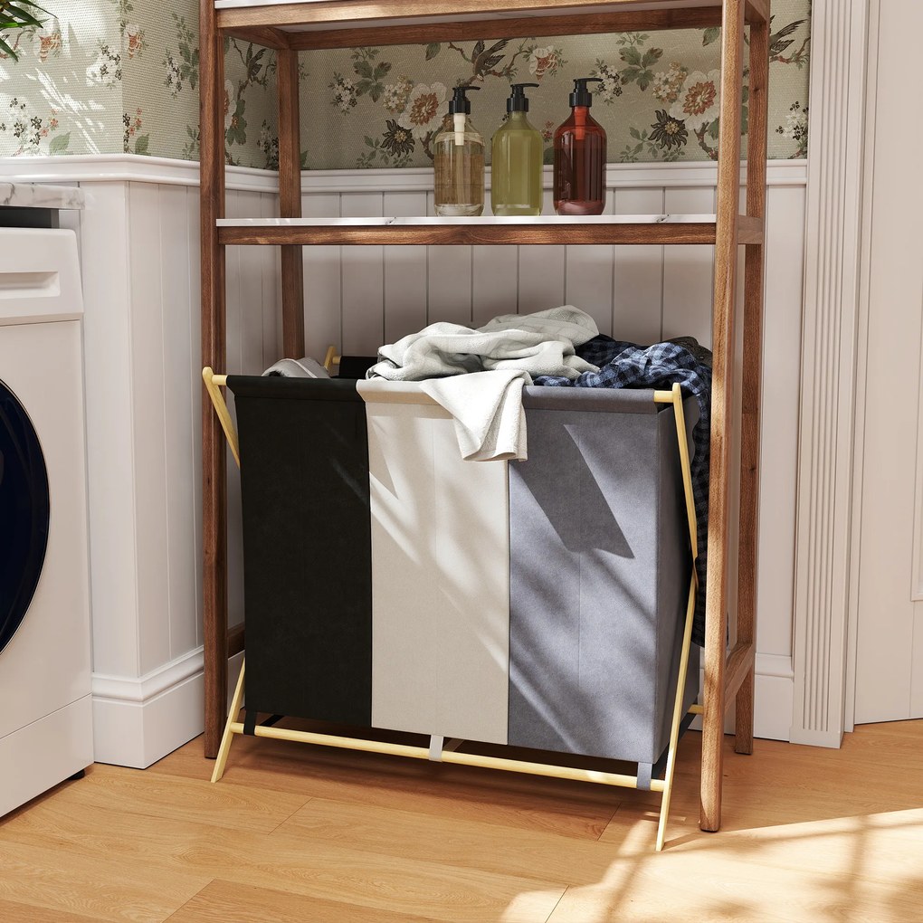 HOMCOM Kosz na pranie z 3 przegrodami 129L Składany Organizer do Pralni Sypialni Wielokolorowy | Aosom PL