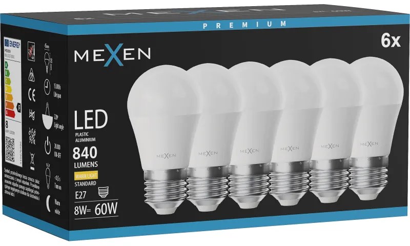 Mexen Nova 6x żarówka LED E27, G45, 8W, Ciepła - 3000K, 840 lm - L101-E27-0830-01x06