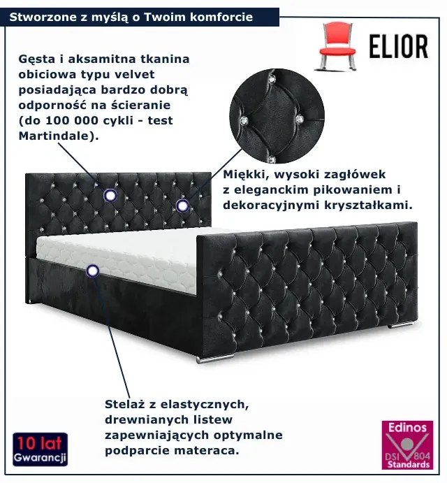 Czarne welurowe łóżko z pikowaniem 5 rozmiarów P8-S79