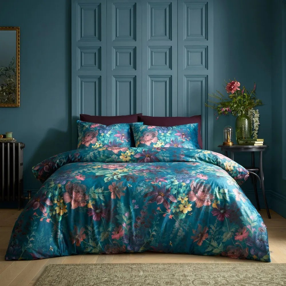Zielononiebieska aksamitna pościel dwuosobowa 230x220 cm Bridgerton Romantic Floral – Catherine Lansfield