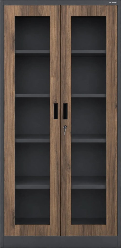 Witryna przeszklona metalowa wysoka z zamkiem antracytowa/orzech, 900x1850x400 mm: AMELIA Eco Design