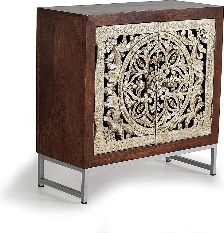 Bufet 2 portes en bois de manguier sculptée et feuille d'argent