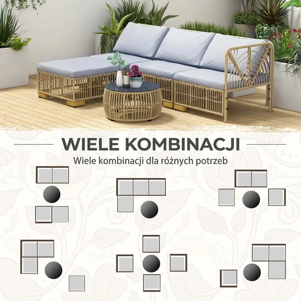Outsunny Zestaw Mebli ogrodowych, 5-częściowy, z poduszkami do siedzenia, Syntetyczny rattan, rama ze stali nierdzewnej, Szary