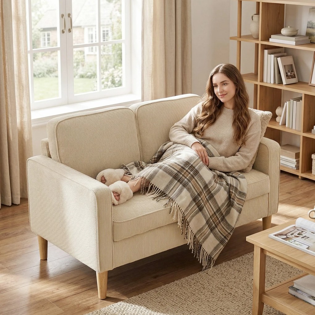 HOMCOM Sofa 2-osobowa z 2 poduszkami dekoracyjnymi, schowek nogi z litego drewna Mała nowoczesna dwuosobowa kanapa sztruks 117 x 63 x 79 cm Beżowy | Aosom PL