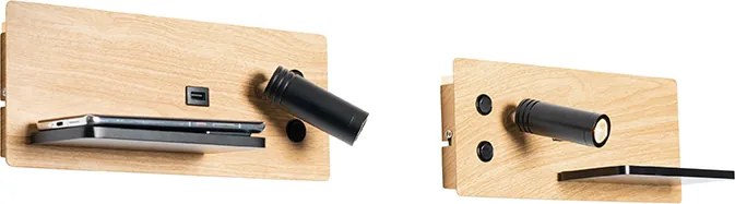 Zestaw 2 lamp ściennych czarnych z drewnem, w tym LED z USB i ładowarką indukcyjną - Riza