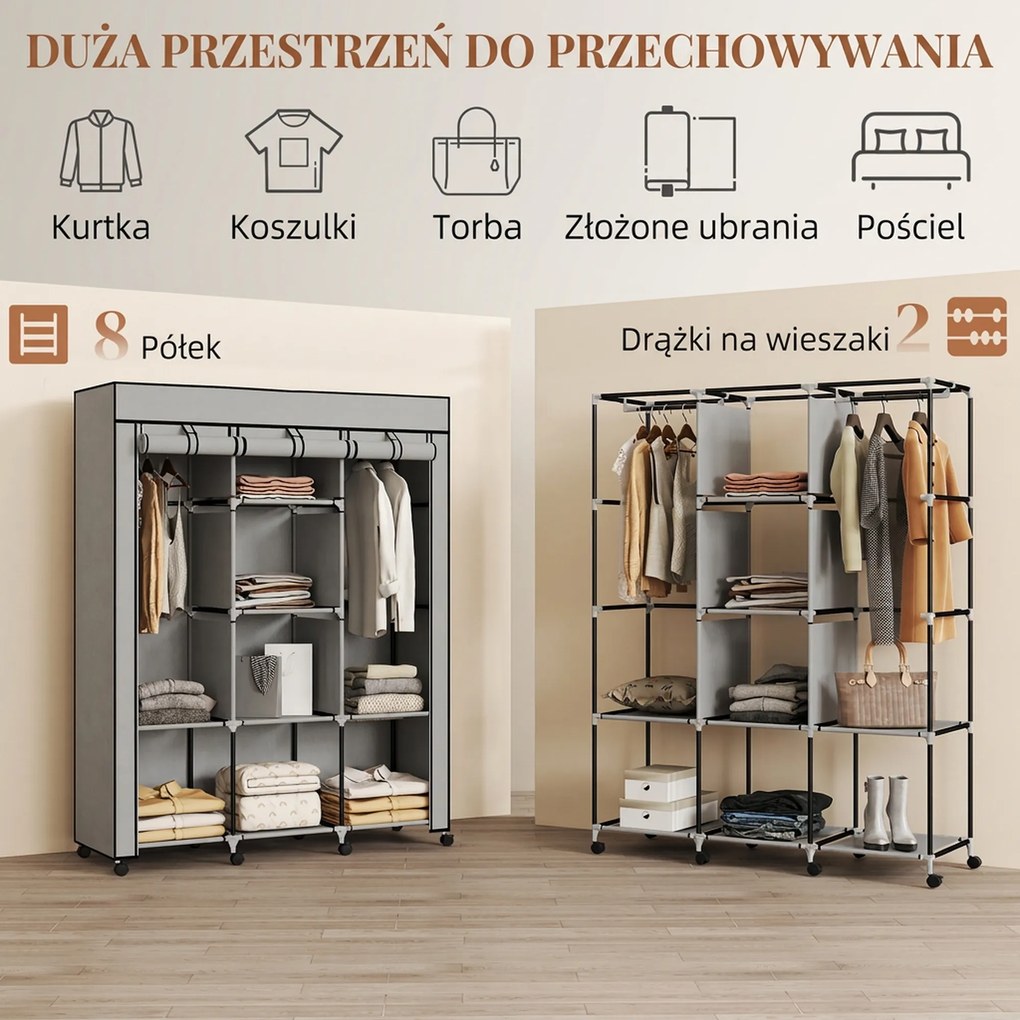 HOMCOM Szafa z tkaniny, rozwiązanie do przechowywania, 8 półek, 2 drążki, szary