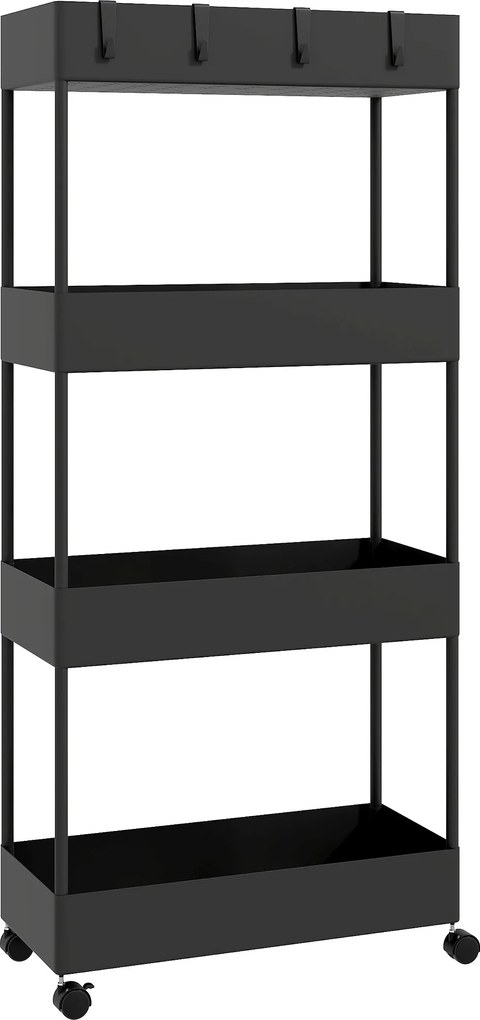 HOMCOM Wózek kuchenny z 4 półkami, 4 elastycznymi hakami, 4 kółkami, 40 cm x 19 cm x 90 cm, Wózek do niewielkich przestrzeni, Czarny