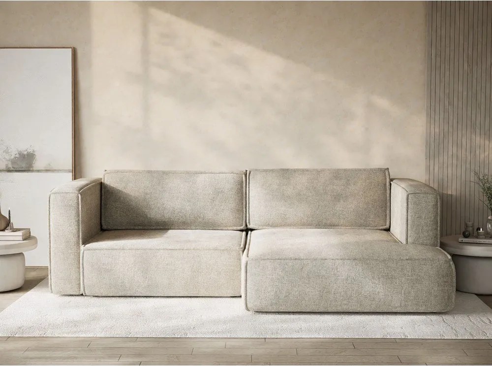Beżowy rozkładany narożnik ze schowkiem z tkaniny szenilowej (prawostronny/z szezlongiem) Velto – Maison de Rêve