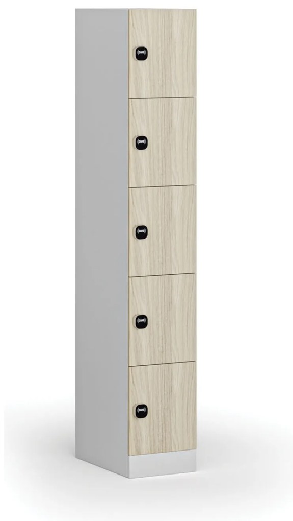 Szafka skrytkowa, 5 schowków, 1850 x 300 x 500 mm, demontaż, zamek RFID, drzwi laminowane, dąb naturalny