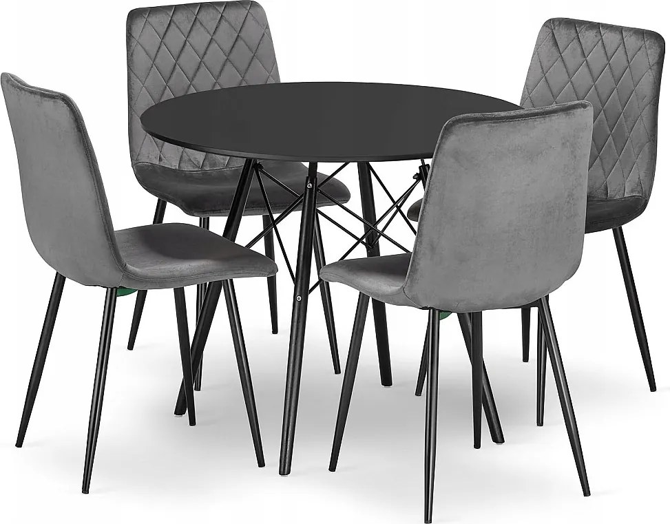 Valora ZESTAW OKRĄGŁY STÓŁ KOVA 80 Czarny + 4 Krzesła Turyn Ciemnoszary