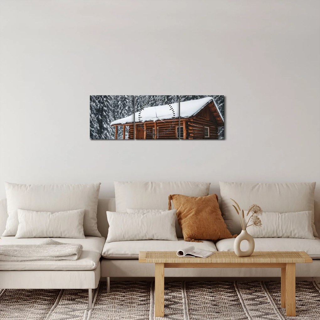 Obraz - Pokryta śniegiem chata (z zegarem) (90x30 cm)