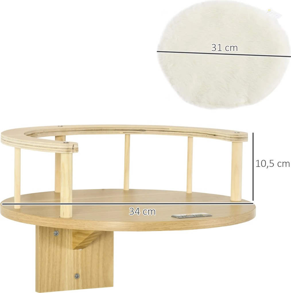 PawHut Ścienne Legowisko dla Kota, z Ochronnym Brzegiem, Poduszką, do Montażu na Ścianie, Dąb + Kremowy, 34 x 34 x 10,5 cm