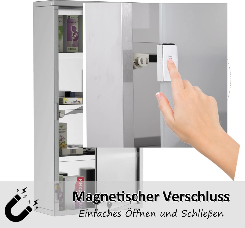 HOMCOM Szafka Medyczna Wisząca 4 Półki Zamykana na Leki Stal Nierdzewna Szer 30xGł 12xWys 60cm Srebrna | Aosom PL