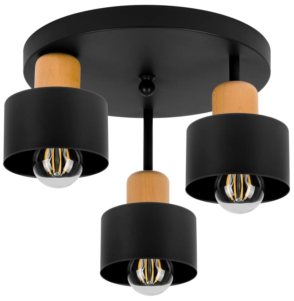 Czarna lampa sufitowa, trzypunktowy spot DBU3030SC z drewna i metalu E