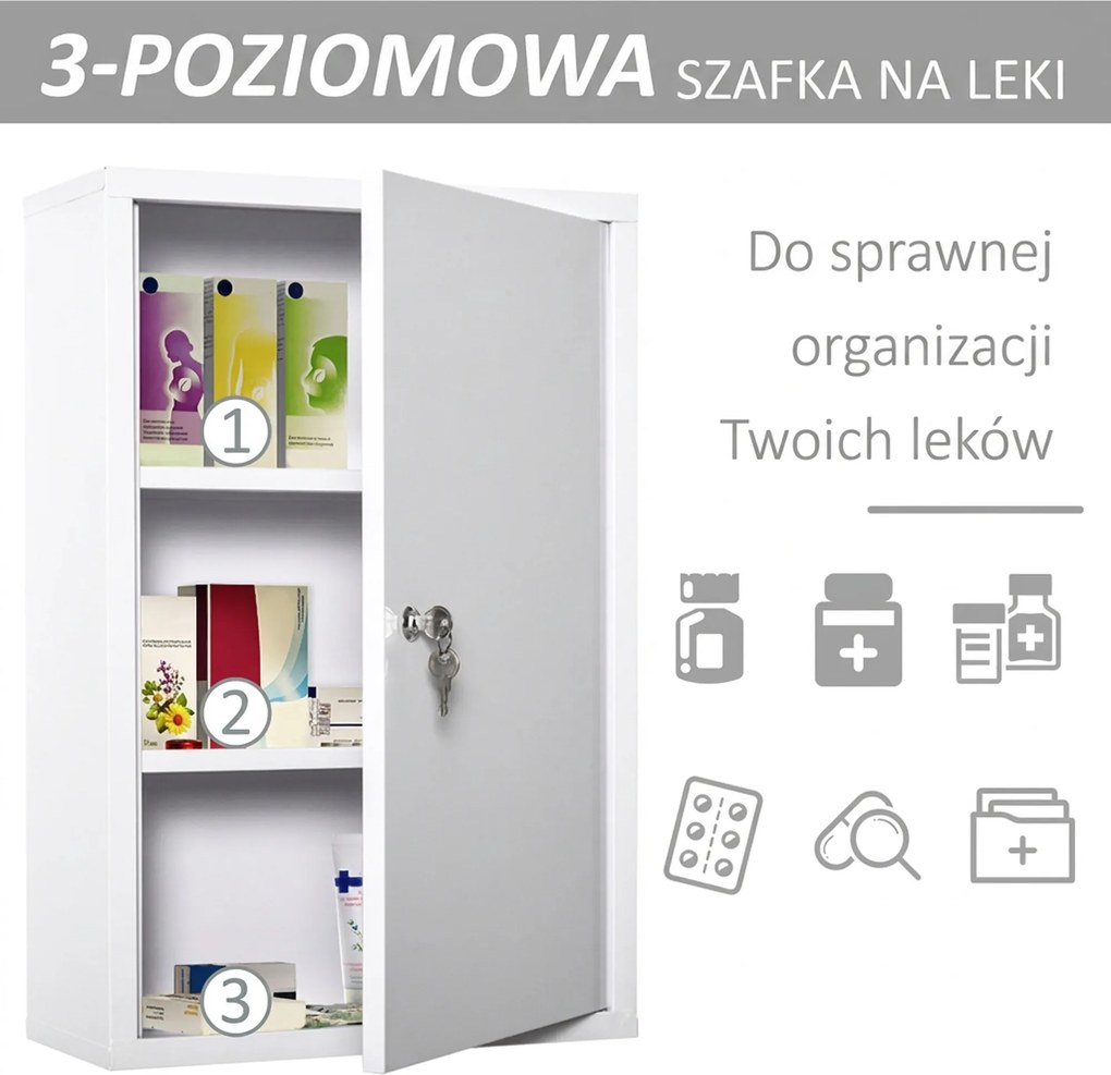 Kleankin apteczka szafka na leki stalowa biała z zamkiem trzy półki apteczka pierwszej pomocy do domu | Aosom PL
