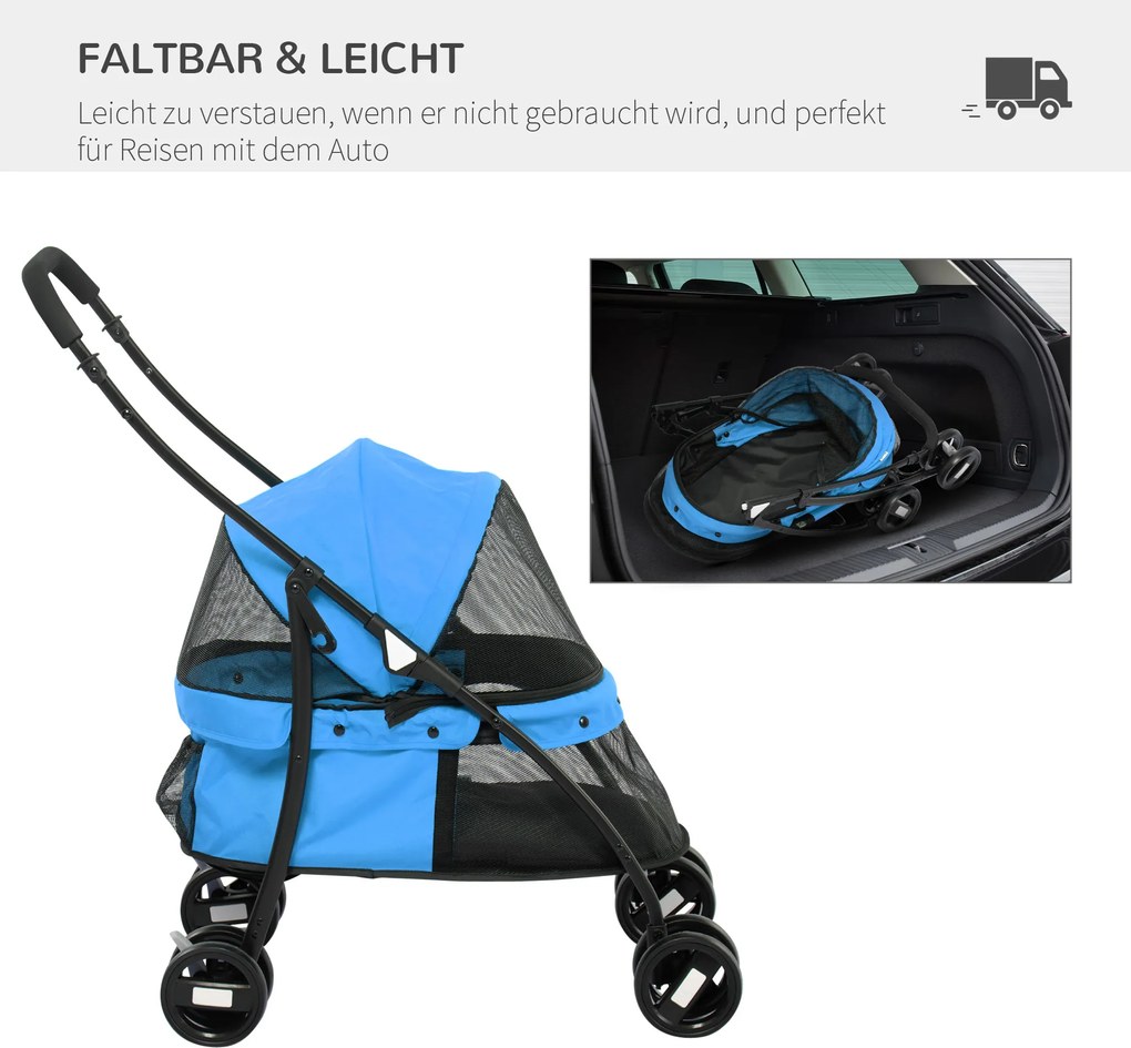 PawHut Wózek dla psów, regulowany dach, okna z siatki, zamek, Stal, 82x47x97 cm, Niebieski/Czarny