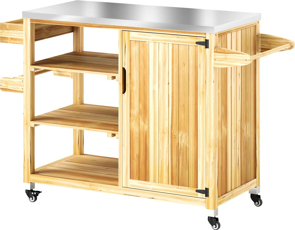 Outsunny Wyspa kuchenna na zewnątrz, Wózek grillowy ze szafką i półkami, Kuchenny wózek z drewna i stali nierdzewnej, na kółkach, Drewno naturalne