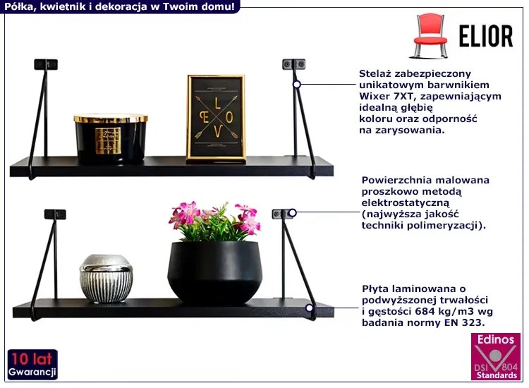 Czarne półki wiszące w stylu loft W4-N89