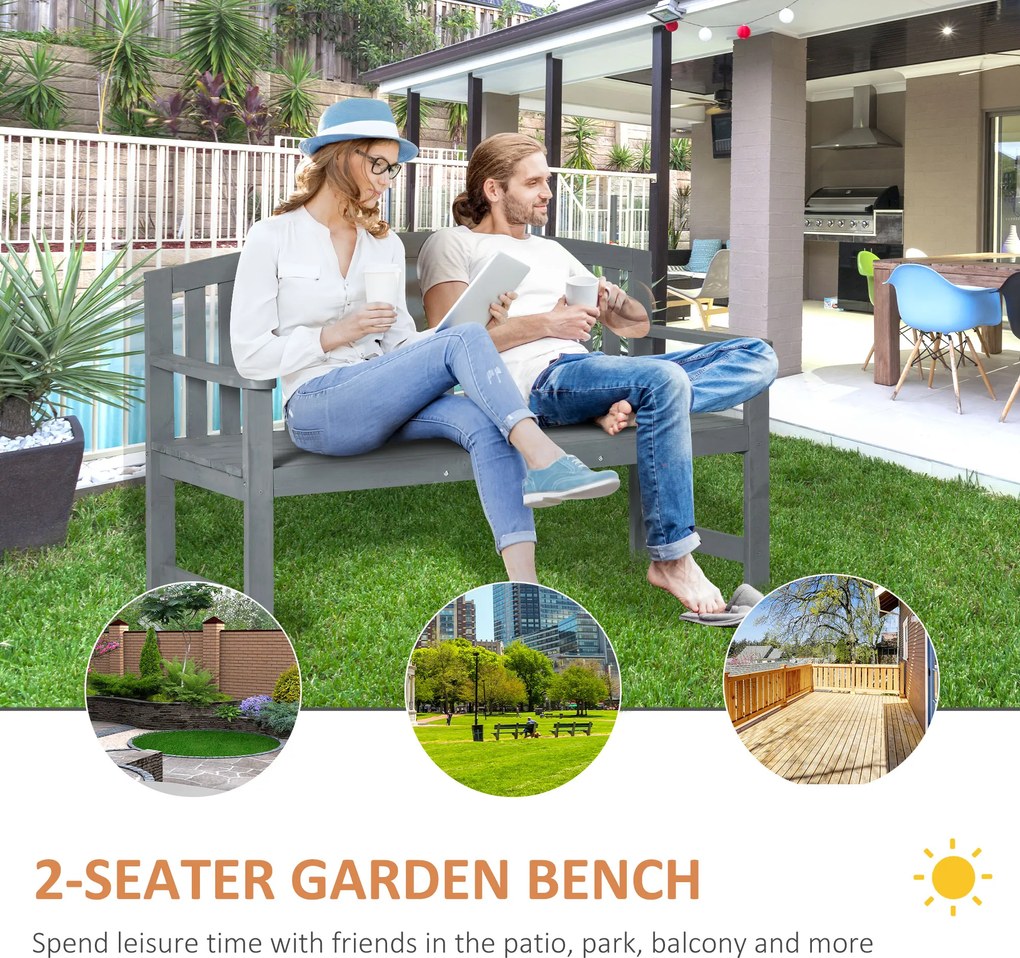 Outsunny 2-osobowa ławka ogrodowa z drewna, odporna na warunki atmosferyczne, z oparciem, udźwig 240 kg 143 x 51 x 85 cm, Szary | Aosom PL