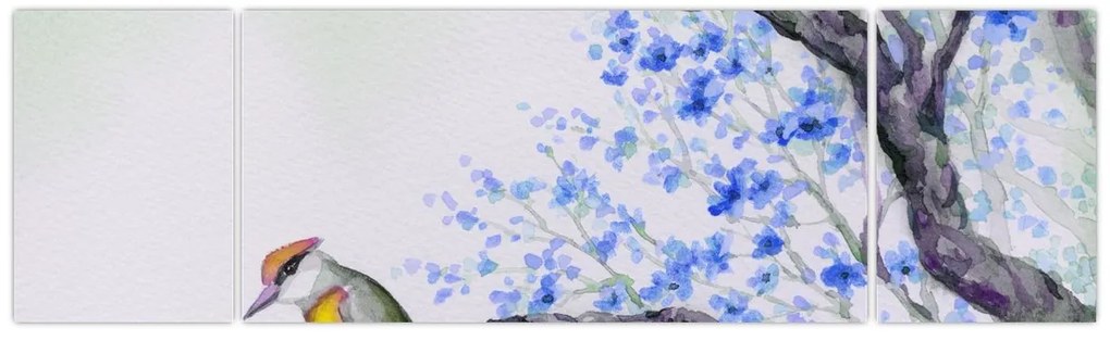 Obraz - ptak na drzewie z niebieskimi kwiatami (170x50 cm)