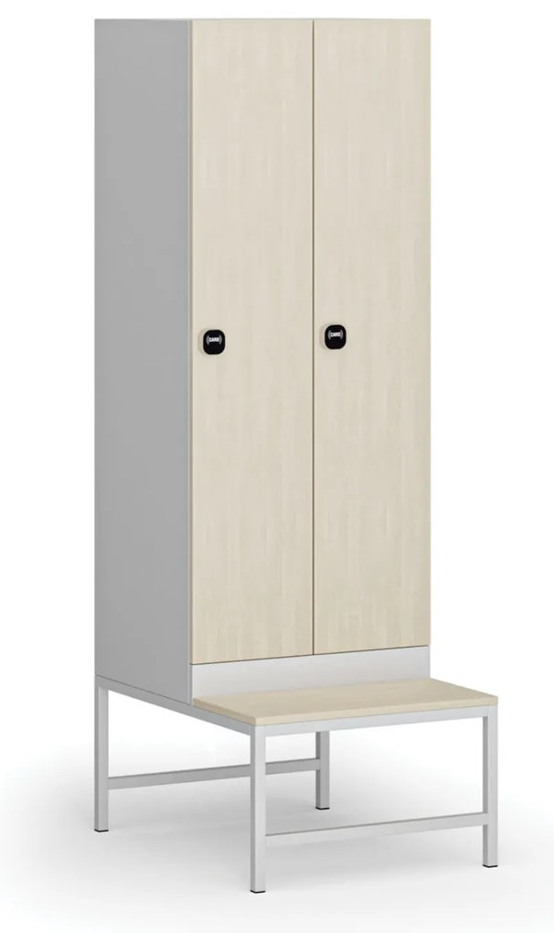 Szafka ubraniowa z ławką, 2-drzwiowa, 1875 x 600 x 500/800 mm, demontaż, zamek RFID, drzwi laminowane, brzoza