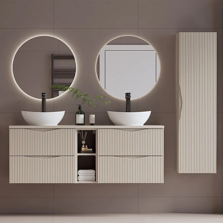 Zestaw do Łazienki 140cm Szafka Regał Blat Umywalka Słupek Ryflowane Fronty  Beż Piaskowy Cleo