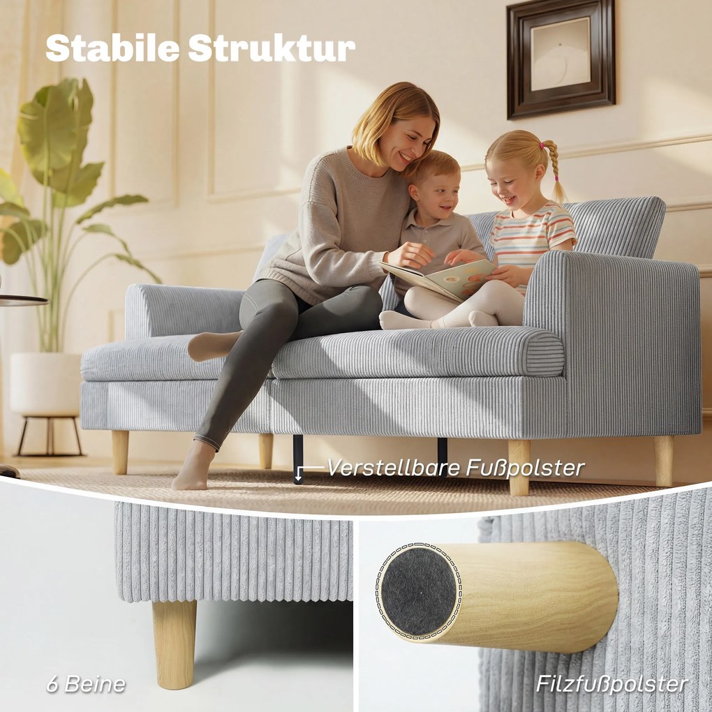 HOMCOM Sofa 3-osobowa, kanapa z podłokietnikami, tapicerowana sofa w sztruksowym stylu do salonu Jasnoszary | Aosom PL