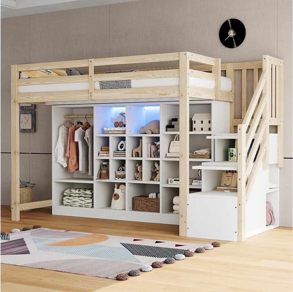 Łóżko piętrowe dla dzieci - 90 x 200 cm - z szafkami wnękowymi + garderoba + oświetlenie LED + drabinka - drewno - kolor biały + naturalny