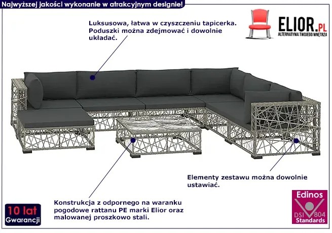 8-częściowy szary zestaw wypoczynkowy do ogrodu F7-R91