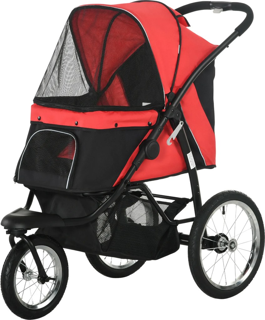 PawHut Wózek dla psów, składany, z daszkiem przeciwsłonecznym, oknami z siatki, koszykiem, czerwony, 111 x 58 x 107 cm | Aosom PL