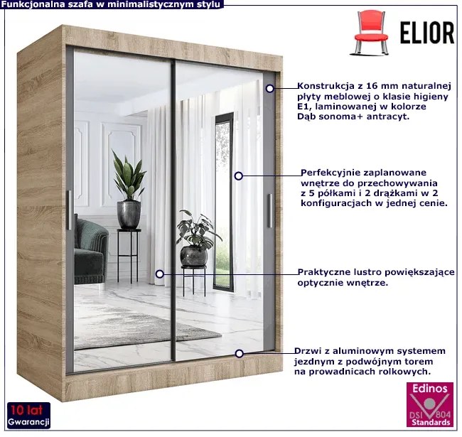 Szafa przesuwna z lustrem 150 cm dąb sonoma + antracyt - Kukkin 4X