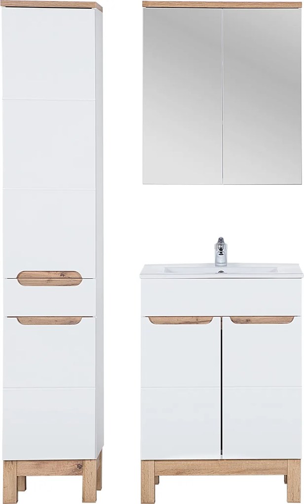 Biały zestaw łazienkowy Bali 045 - szafka 60 cm z umywalką, lustro i słupek