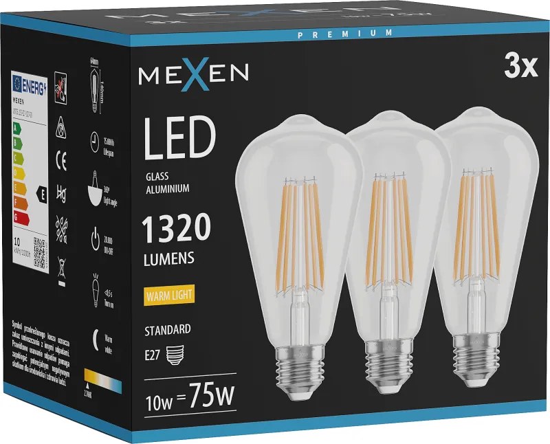 Mexen Vintis 3x żarówka filament LED E27, ST64, 10W, Ciepła - 2700K, 1320 lm, clear - L152-E27-1027-00x03