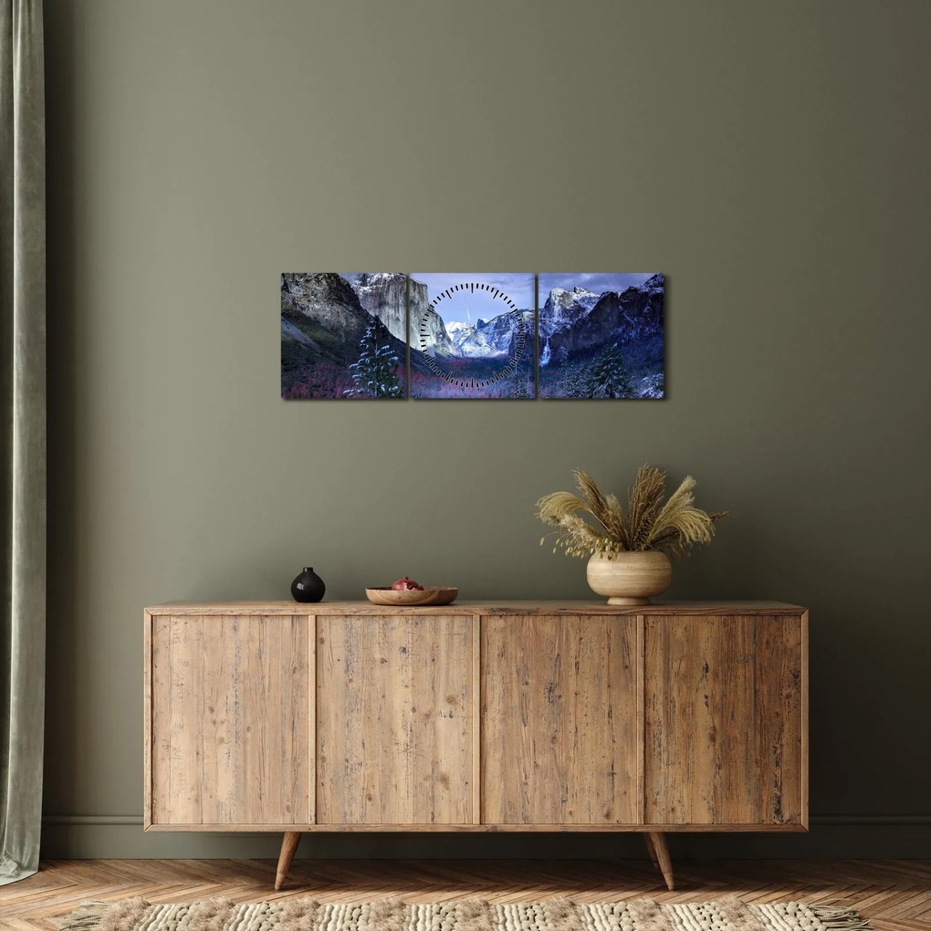 Obraz zimowego górskiego krajobrazu (z zegarem) (90x30 cm)