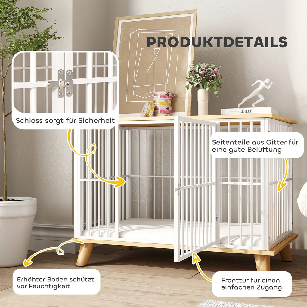 PawHut Klatka dla psa z drzwiami z zamkiem, zdejmowana poduszka, dobra wentylacja, Stal, 86x60x70 cm, Biały+Dąb