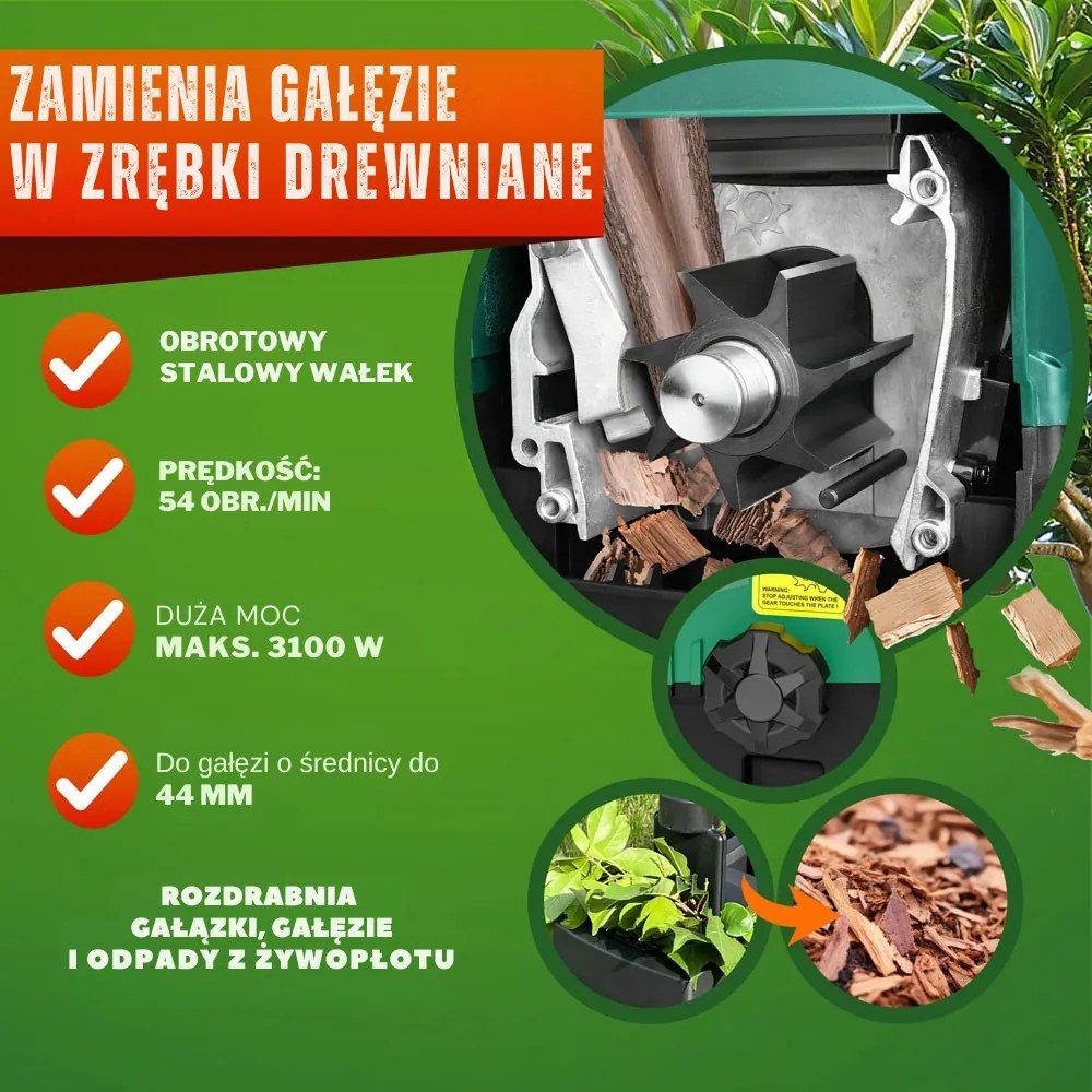 Rozdrabniacz do gałęzi DIOX+2x worek 60l, 3100W czarny/zielony Gardebruk