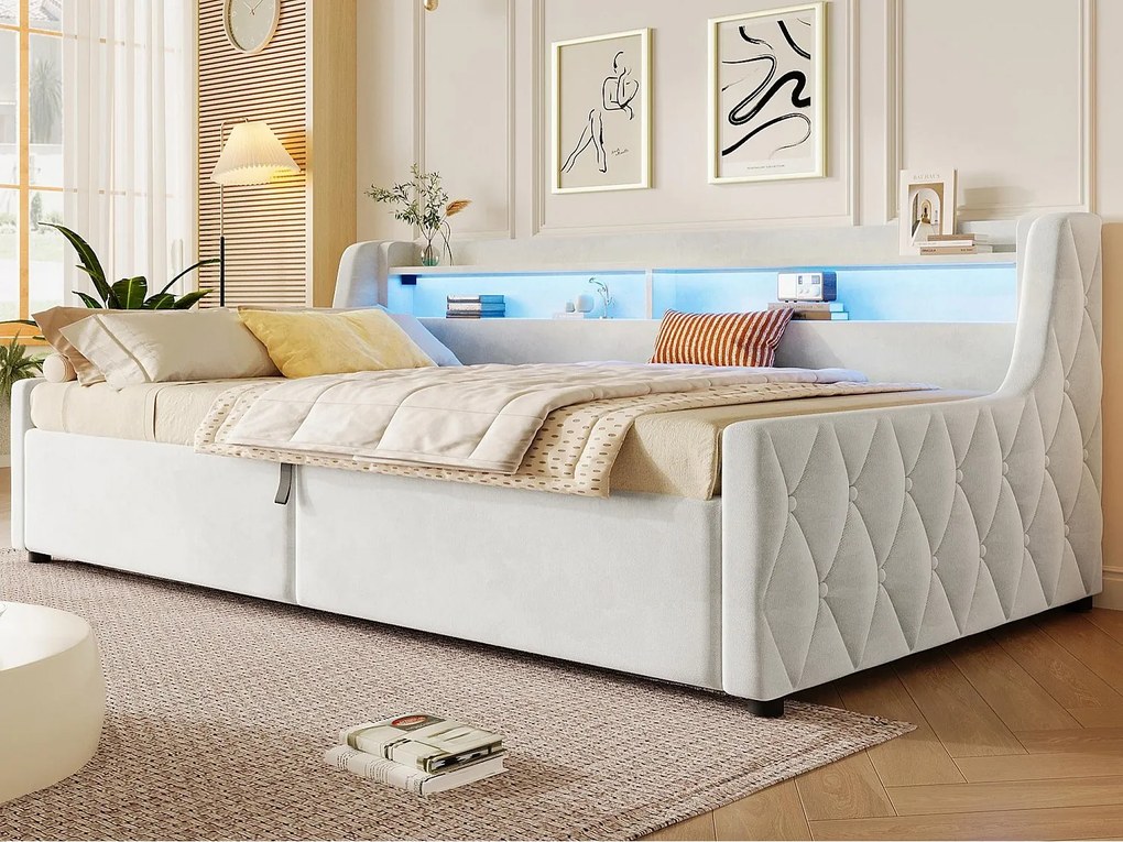 Sofa rozkładana z pojemnikiem 90 × 200 cm - z pojemnikiem i oświetleniem LED - tkanina welurowa + MDF - beżowy (materac nie w zestawie)
