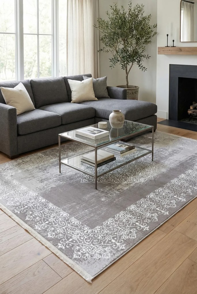 Szary elegancki dywan w biały wzór z frędzlami P6-T73