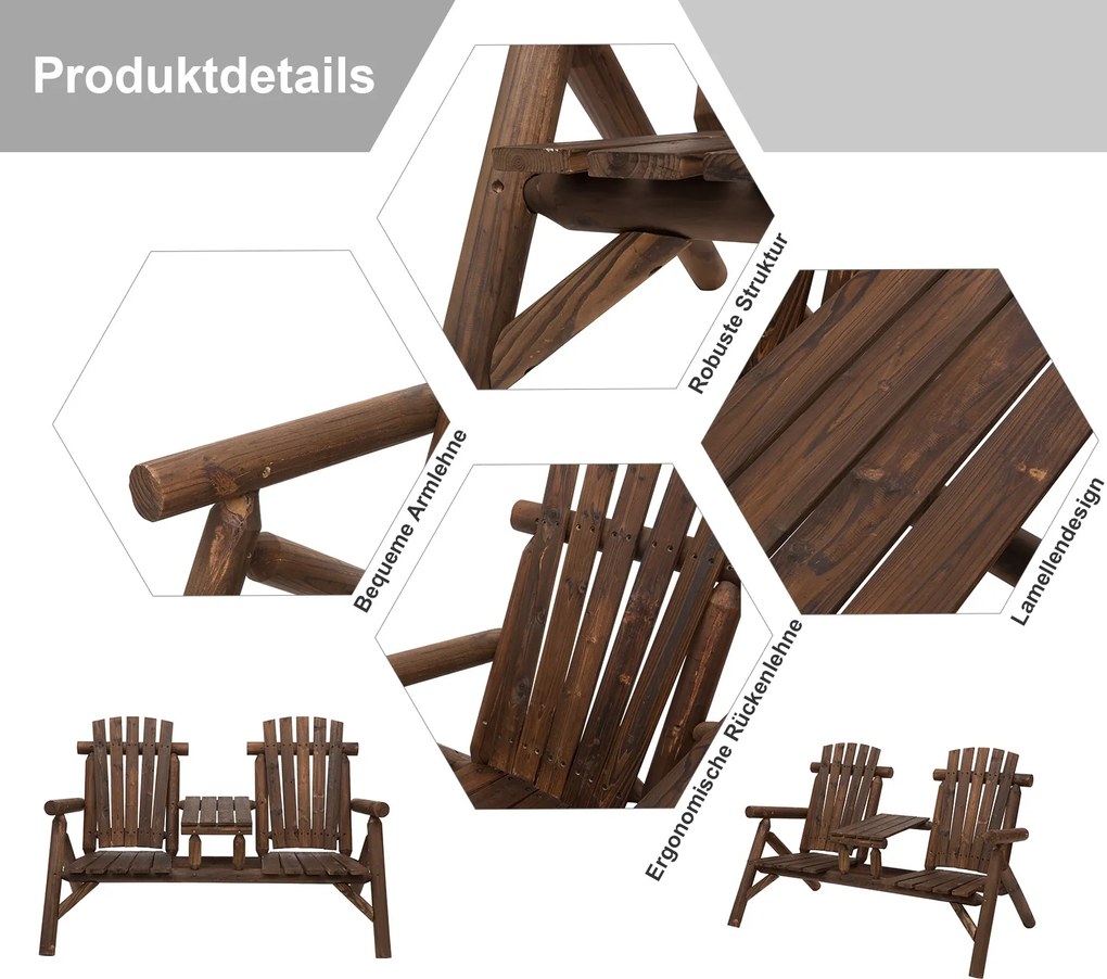 Ławka Ogrodowa Outsunny z Praktycznym Stolikiem w Zestawie, Wodoodporna, Drewno Świerkowe, Brązowa