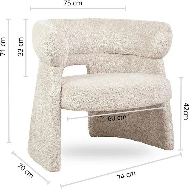 Designerski fotel do salonu Madame, beżowa tkanina szenilowa