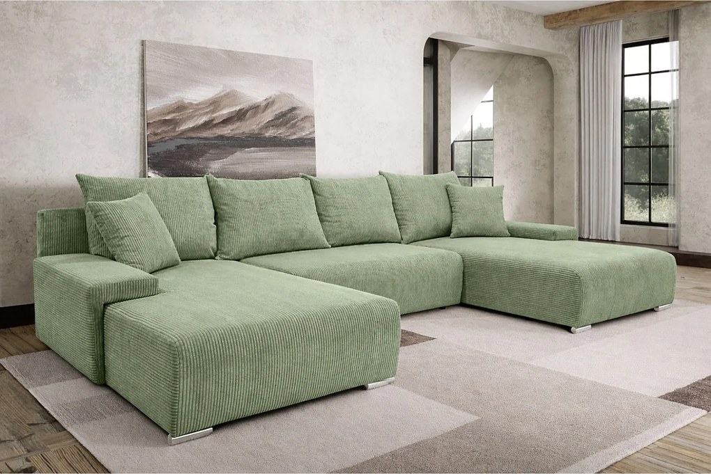 Narożnik, Sofa w kształcie U, tkanina sztruksowa Poso, Jasnozielony, Livorno U