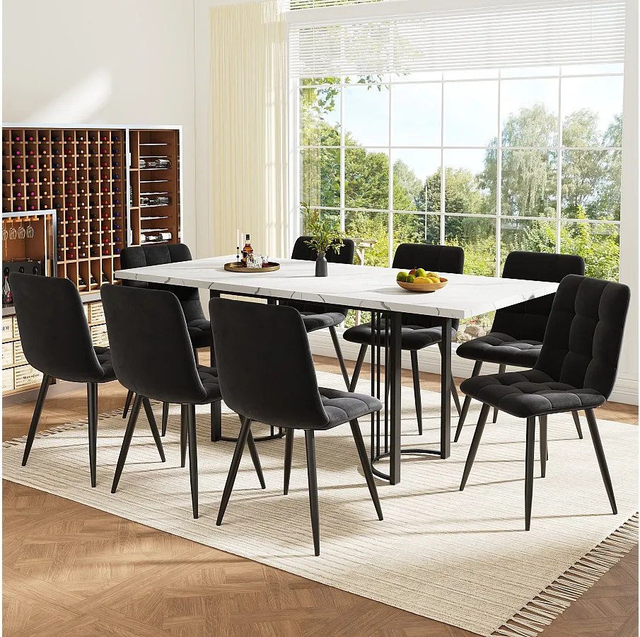 Zestaw stół rozkładany + 8 krzeseł welurowych - 140/179,5 x 80 x 75,5 cm - MDF + nogi metalowe - biały + czarny